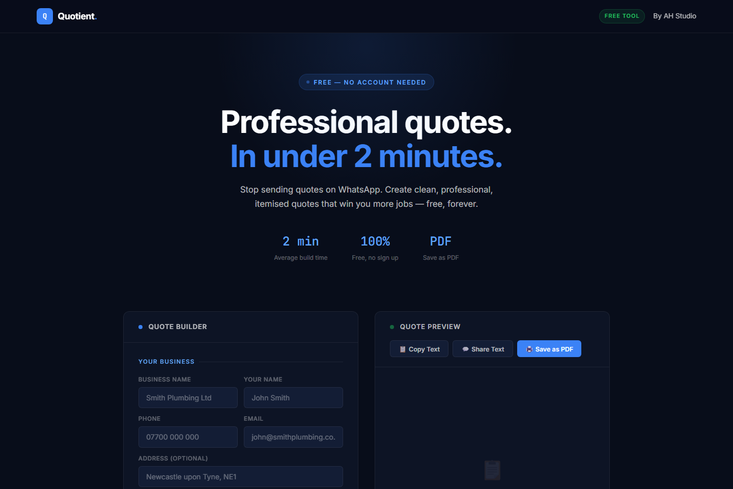 Screenshot of the Quotient quoting tool